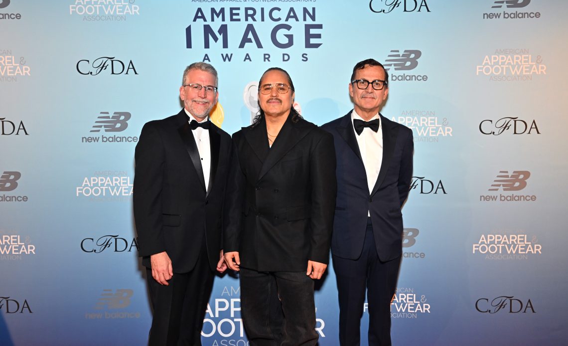 Stephen Lamar, AAFA President and CEO, Willy Chavarria and Steven Kolb attend the AAFA American Image Awards 2023 at The Plaza Hotel on April 25, 2023 in New York City. (Photo by Slaven Vlasic/Getty Images for AAFA American Image Awards)