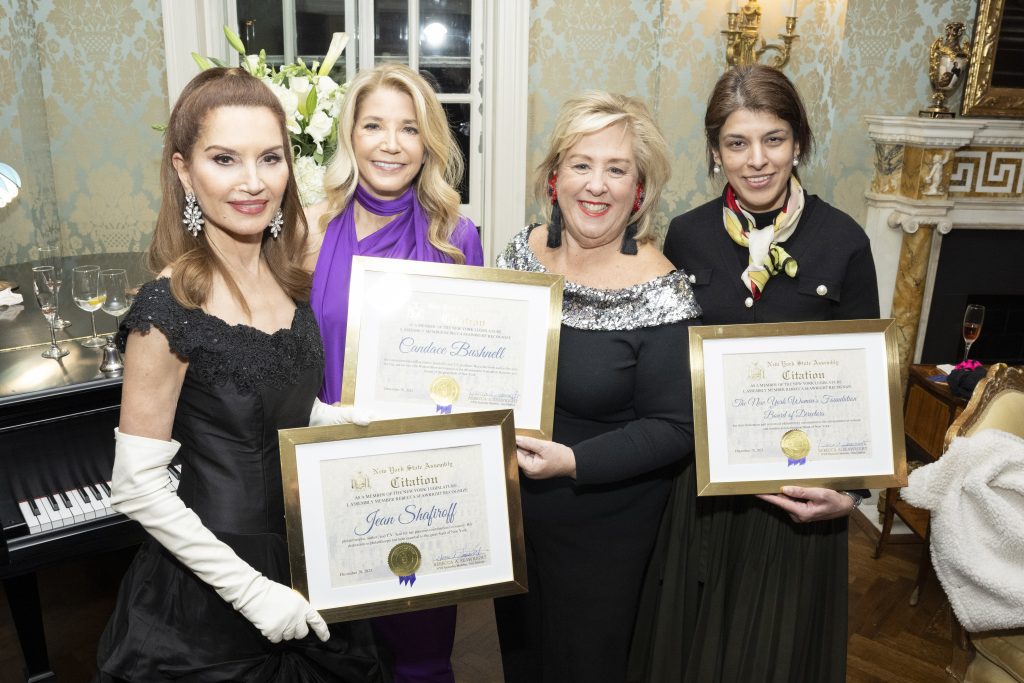 Candace Bushnell, Rebecca Seawright and Devika Egge attend Jean Shafiroff Hosts Holiday Party In Honor Of Candace Bushnell at Private Residence on December 20, 2023 in New York. (Photo by Michael Ostuni/PMC/PMC) 