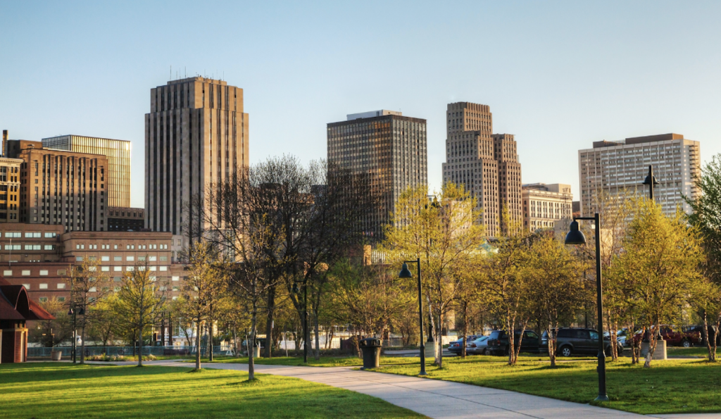 A skyline of buildings in the neighborhood of Edina in Minnesota.