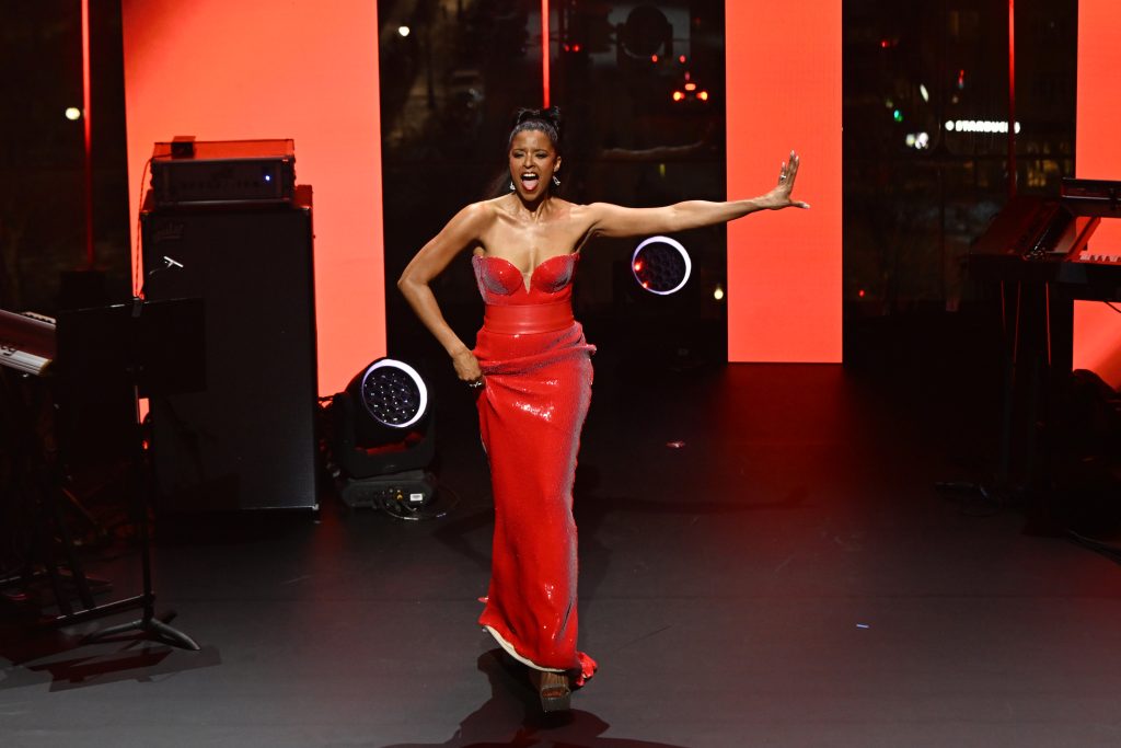 Renée Elise Goldsberry walks onstage at the The American Heart Association's Red Dress Collection Concert 2026 at Jazz at Lincoln Center on January 29, 2026 in New York City. (Photo by Slaven Vlasic/Getty Images for The American Heart Association's Go Red for Women Red Dress Collection Concert)