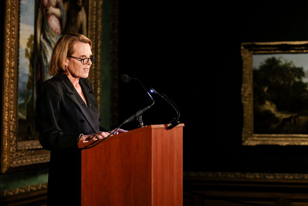 Gala Honoree Annabelle Selldorf delivering remarks; photo Gala Co-Chair Betty Eveillard, Gala Honoree Annabelle Selldorf, and Anna-Maria and Stephen Kellen Director Axel Rüger